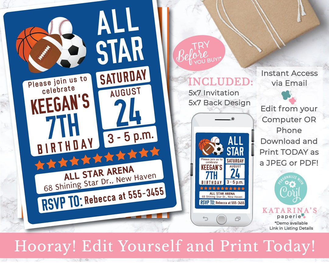 EDITABLE All Star Sports Invitation INSTANT DOWNLOAD Editable Colors ...