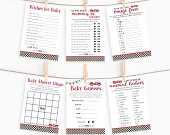 Red Race Car Baby Shower Games Collection - 16 Printable Shower Games - Bingo, Advice, Word Scramble... - Race Car Baby - INSTANT DOWNLOAD