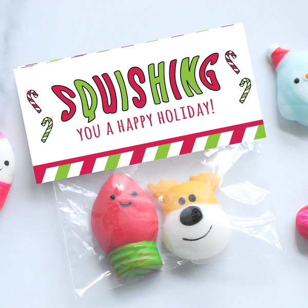 EDITABLE Squishing You Happy Holidays Treat Bag Topper, Squish Toy Christmas, Christmas Class Gift, Christmas Favors, INSTANT DOWNLOAD