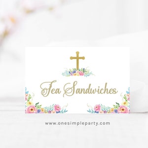 BEWERKBARE Floral eerste communie plaatskaarten - eerste heilige communie - meisjescommunie - voedseltenten - voedseletiketten - doopsel - INSTANT DOWNLOAD