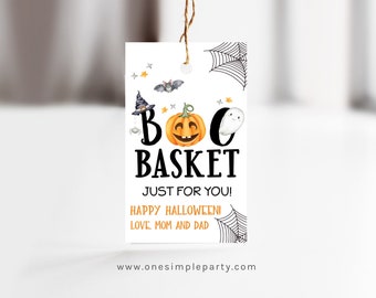 Tag modificabile per cestino di Halloween Boo: ragno e pipistrelli (design digitale)