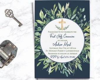 EDITABLE Boy Navy Greenery Wreath First Communion Invitation - First Holy Communion Invite - Editable Template - INSTANT DOWNLOAD