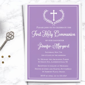 EDITABLE Classic Purple First Communion Invitation - Formal First Holy Communion Invite - Editable Template - INSTANT DOWNLOAD