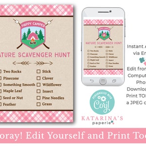 EDITABLE Girl Nature Scavenger Hunt - Scavenger Hunt - Nature Party - Girl Camping Birthday - Party Game - Instant Download