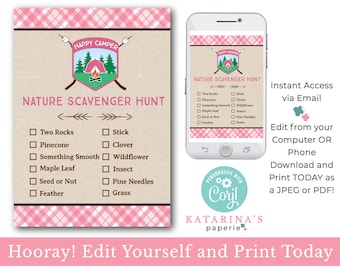 EDITABLE Girl Nature Scavenger Hunt - Scavenger Hunt - Nature Party - Girl Camping Birthday - Party Game - Instant Download