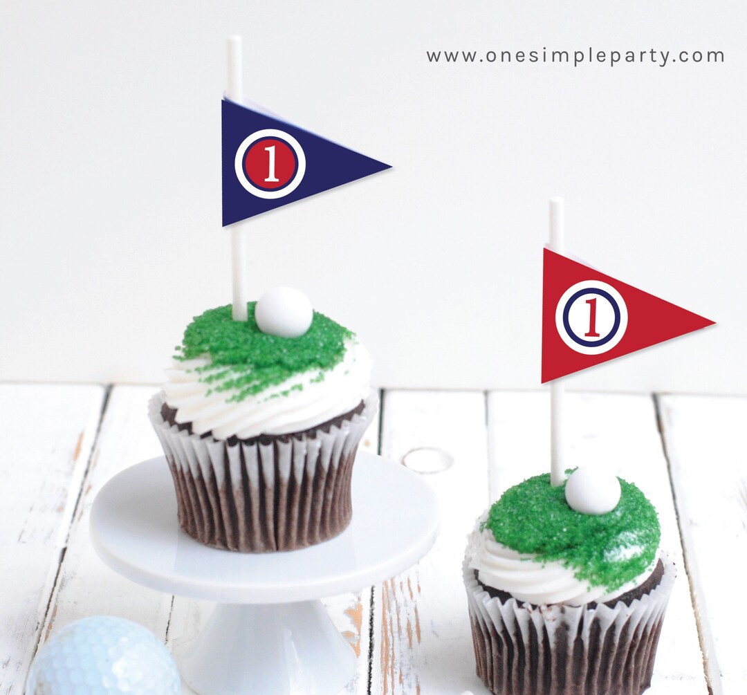 EDITABLE Red, White and Blue Golf Tee Flags Golf Cupcake Toppers Golf Party Decor Golf Party