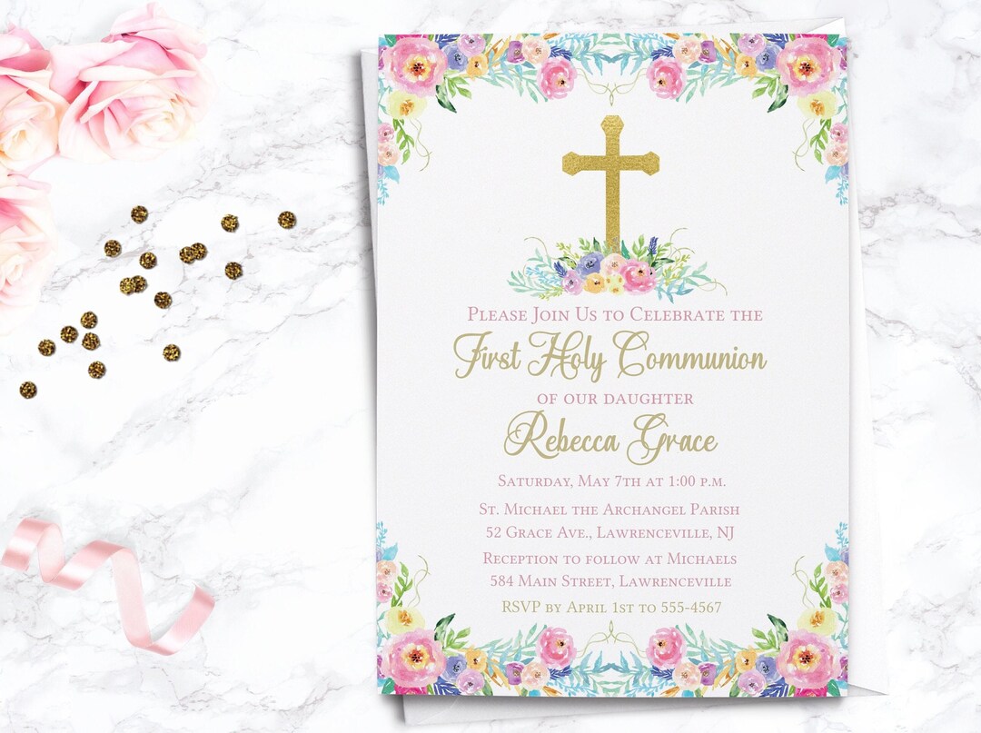 EDITABLE Floral Watercolor First Communion Invitation - First Holy ...