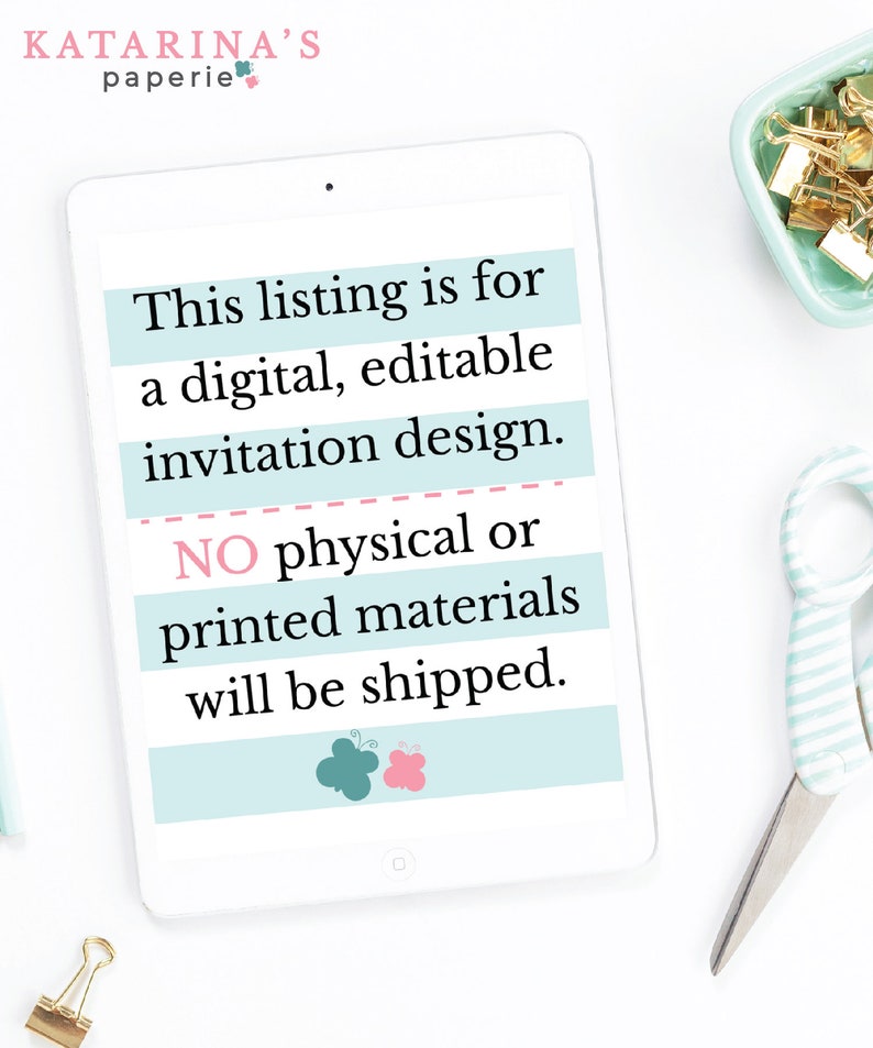 May include: A digital, editable invitation design. This listing is for a digital download only. No physical or printed materials will be shipped.