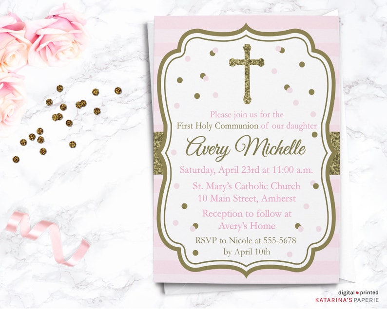 Pink And Gold First Communion Invitation First Holy Etsy