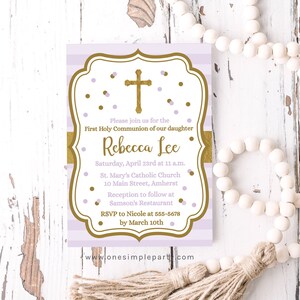 EDITABLE Purple and Gold Sparkle First Communion Invitation, First Holy Communion Girl, Communion Invite, Baptism Invite, INSTANT DOWNLOAD
