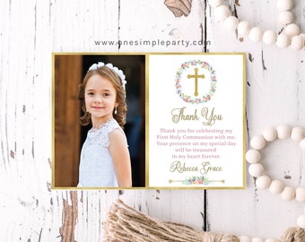 EDITABLE Floral Wreath First Communion Thank You Card, First Holy Communion Girl, Photo Thank You Card, Thank You Cards, INSTANT DOWNLOAD