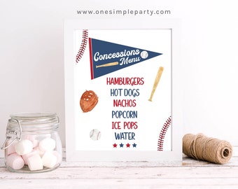 May include: A white framed printable sign with a blue and red baseball pennant that says "Concessions Menu". The sign lists the following menu items: Hamburgers, Hot Dogs, Nachos, Popcorn, Ice Pops, and Water.