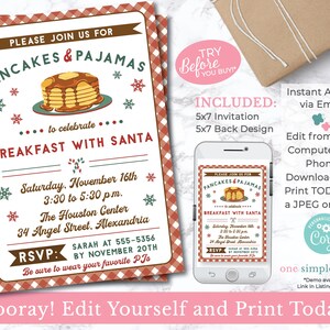 EDITABLE Christmas Pancakes and Pajamas Invite Breakfast with Santa Kids Christmas Party Editable Invite INSTANT DOWNLOAD image 2