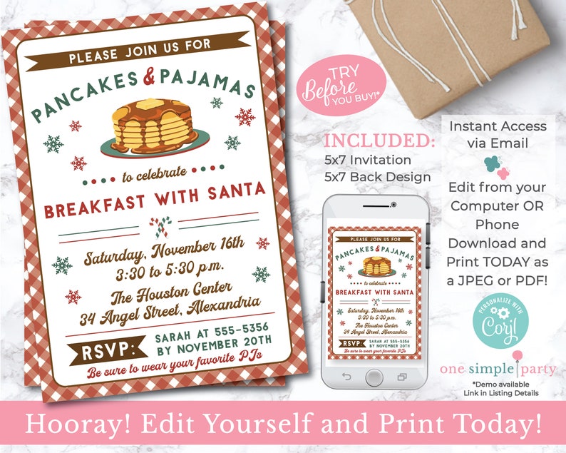 EDITABLE Christmas Pancakes and Pajamas Invite Breakfast with Santa Kids Christmas Party Editable Invite INSTANT DOWNLOAD image 2