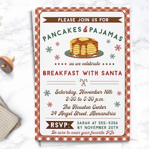 EDITABLE Christmas Pancakes and Pajamas Invite Breakfast with Santa Kids Christmas Party Editable Invite INSTANT DOWNLOAD image 1