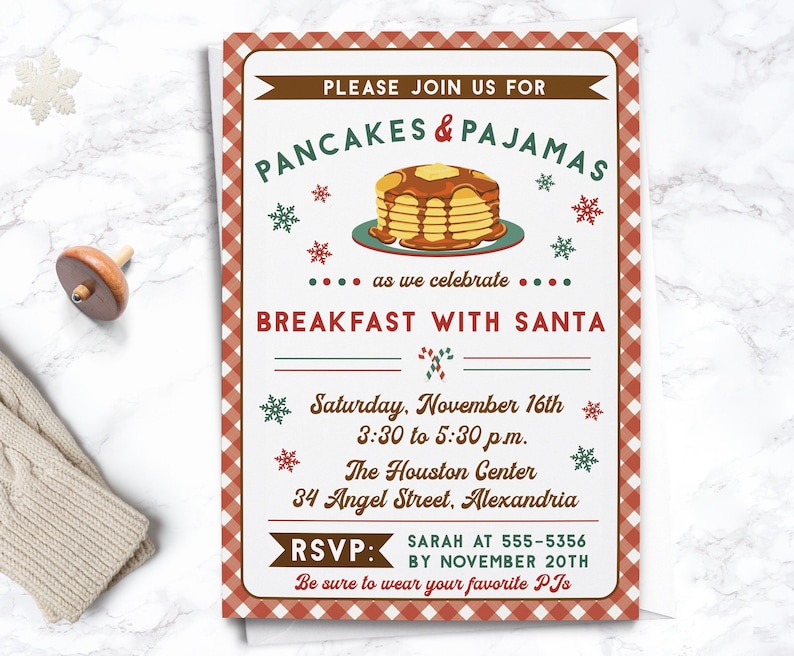 EDITABLE Christmas Pancakes and Pajamas Invite Breakfast with Santa Kids Christmas Party Editable Invite INSTANT DOWNLOAD image 1