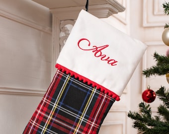 Personalized Plaid Christmas stockings with pompom trimmed cuff, family Christmas stockings, tartan Christmas stockings