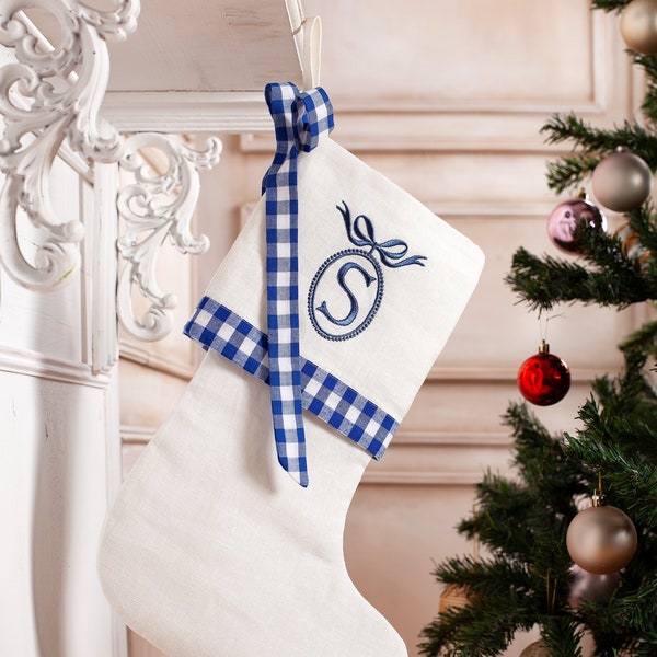 Chinoicery gingham Christmas stocking, Blue gingham stockings, Blue and wite Christmas stocking