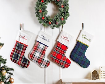 Personalized Plaid Christmas stockings with pompom trimmed cuff, family Christmas stockings, tartan Christmas stockings