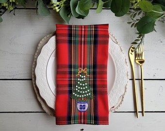 Chinoiserie tree plaid Dinner napkins,Tartan plaid napkins, Christmas serviettes, extra large napkins