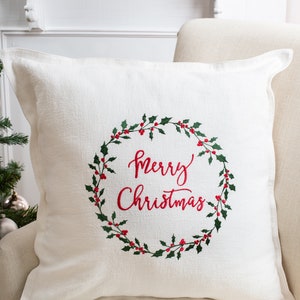 Holly collection linen pillow cover, Christmas pillow cover, throw pillow, toss pillow, Merry Christmas pillow
