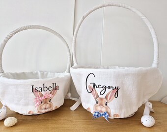 Fodera per cestino a forma di coniglio, personalizza Pasqua, fodera per cestino con monogramma del nome di bambina e bambino, cestino per le uova in lino, cestino con fiocco per bambini a forma di coniglio