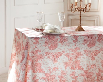 Red Toile tablecloth, toile table linen, Festive French toile linen, Toile De Jouy table linen, festive dining