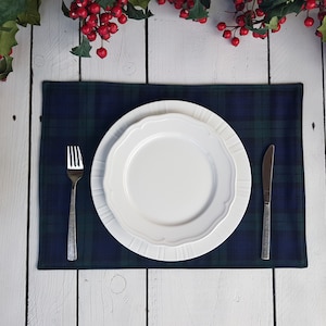 May include: A white dinner plate with a decorative rim sits on a blue and green plaid placemat. A silver fork and knife are placed to the left and right of the plate.