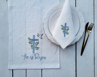 LEAF CROSS table runner, Easter table runner, linen table runner , Matthew 28:6