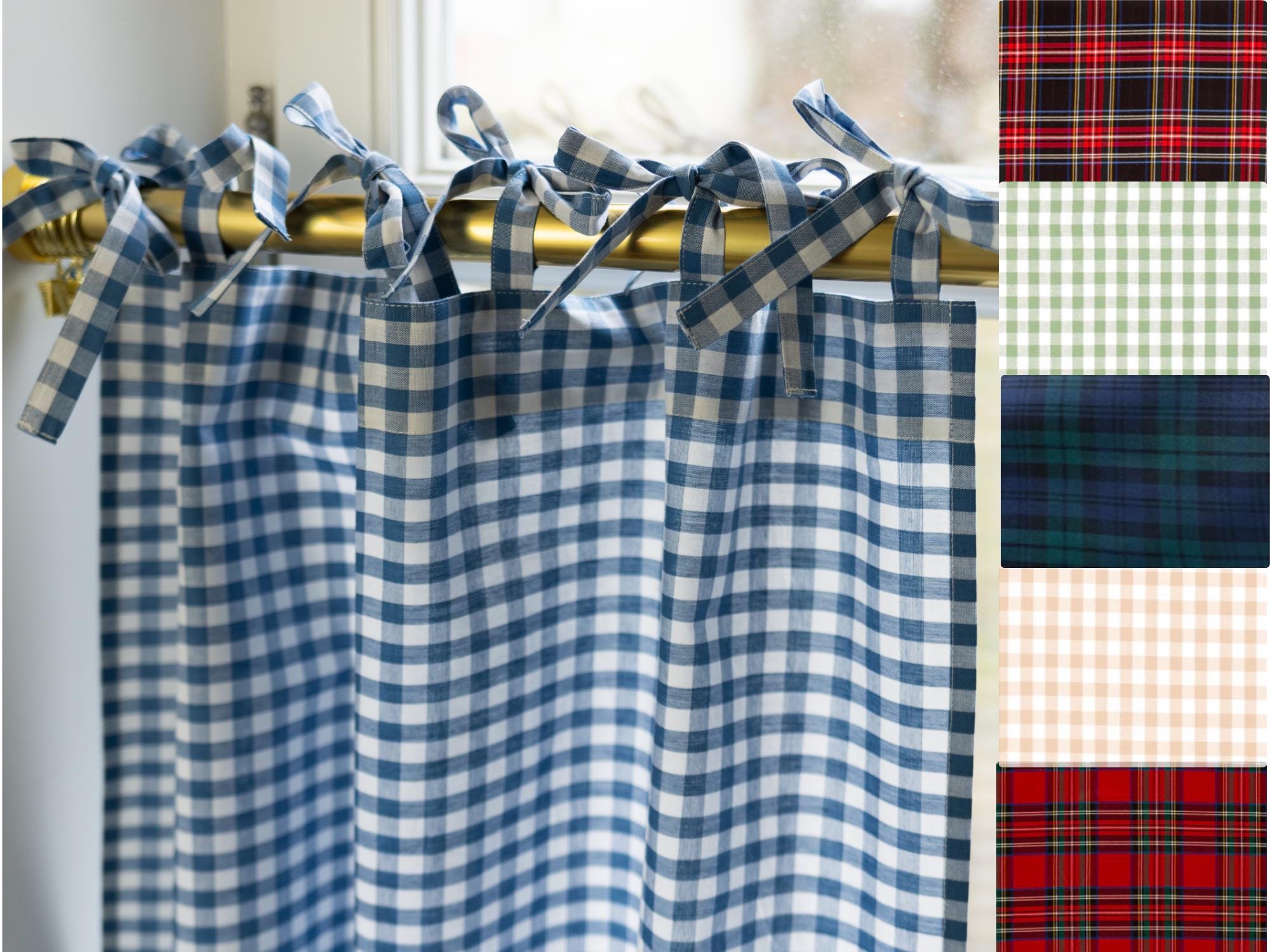 Gingham curtains tie tops for hanging in kitchen, natural french style valances, tartan plaid drapes light filtering drapery cabinet skirt