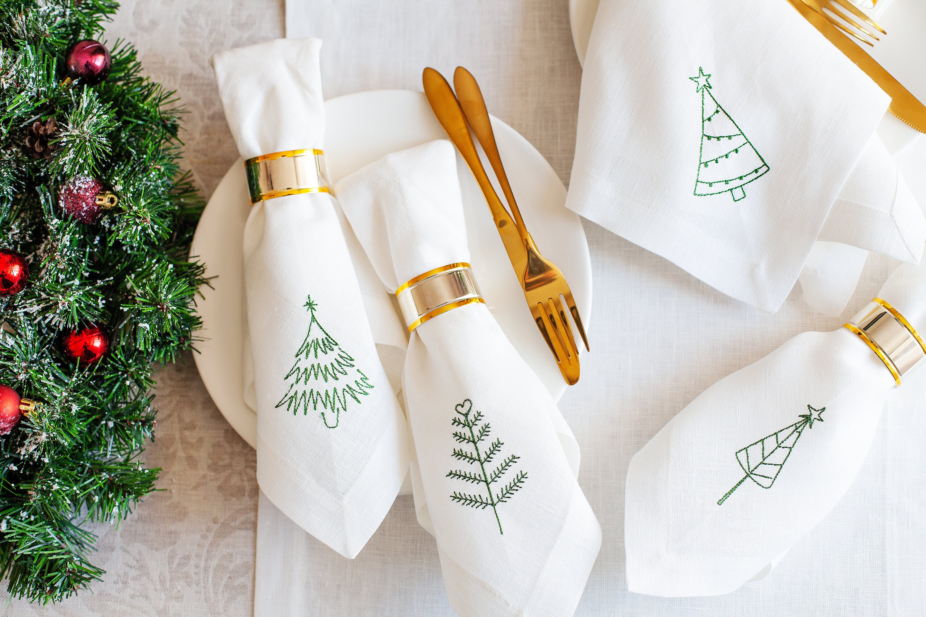 Winter Pine Tree Napkins Set Of 6 - 18x18 Inch Cotton Dinner Cloth Napkins With Deer Print - View #6