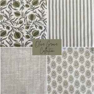 May include: A collage of four fabric swatches from the "Olive Grove Collection." The fabrics feature various patterns, including floral, striped, and paisley designs in shades of olive green, gray, and white. The text "Olive Grove Collection" is displayed in a green rectangle.