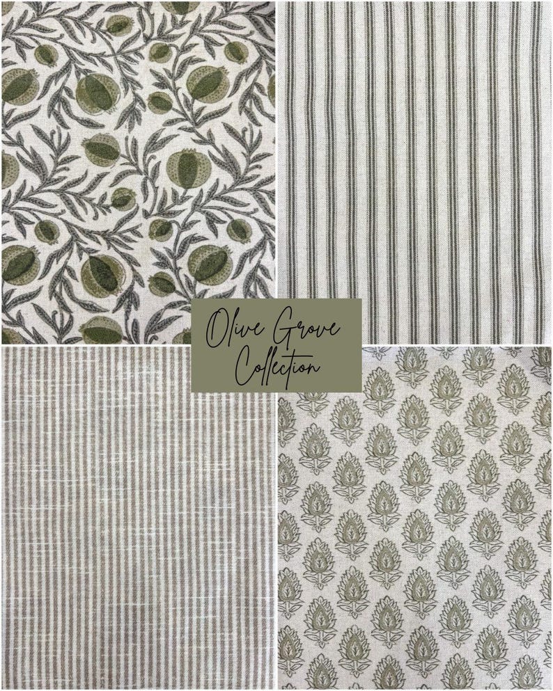 May include: A collage of four fabric swatches from the "Olive Grove Collection." The fabrics feature various patterns, including floral, striped, and paisley designs in shades of olive green, gray, and white. The text "Olive Grove Collection" is displayed in a green rectangle.