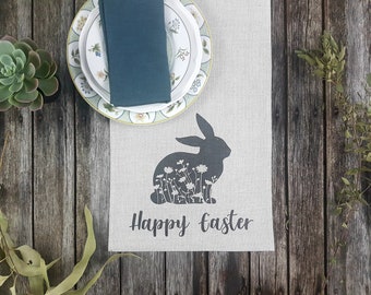 Bunny table runner, natural linen runner, Easter table runner, floral bunny table linen