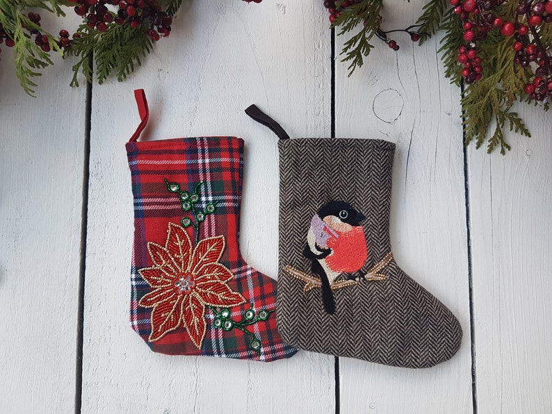 Robin Christmas stockings, small stockings, embroidered stockings, Whimsical little Christmas stockings image 5