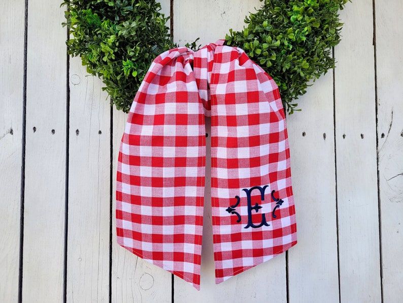 GINGHAM sash with initial, wreath sash, patriotic wreath sash, 4th of July sash image 2