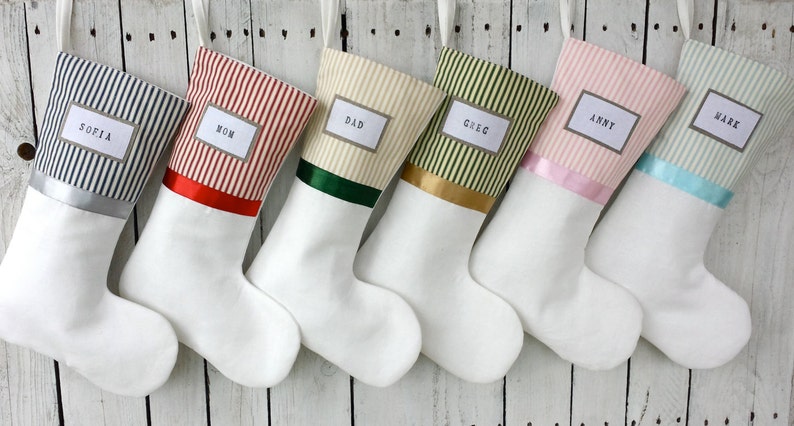 Striped top stockings, colorfull ticking stockings, white base stockings, famiy stockings, image 1