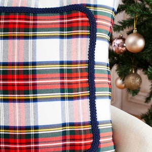 White Stewart plaid pillow cover with braided trim, farmhouse pillow cover, tartan pillow sham, white plaid decorative pillow cover image 4