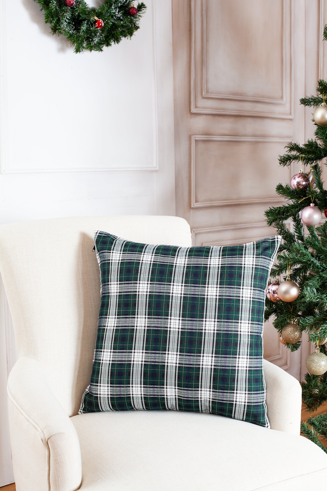 Green Plaid Pillow Cover, Farmhouse Pillow Cover, Tartan Pillow Sham