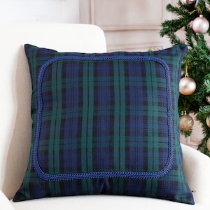 Black Watch plaid pillow cover with braided trim, farmhouse pillow cover, tartan pillow sham, navy plaid decorative pillow cover image 1