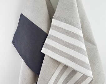 Set of 2, Linen tea towels, linen colorblock towel, colorblock tea towel, pure linen towel
