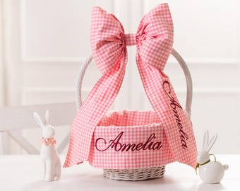 Fodera per cestino a quadretti rosa, fiocco per cestino in sheersucker, Pasqua a quadretti, fodera per cestino con monogramma del nome di bambina e bambino, fodera per secchiello rosa, fascia con fiocco