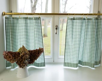 緑のギンガムチェックのセミシアーカーテン、バスルーム用ギンガムチェック、小窓用吊り下げカーテン、シンク用バランススカート