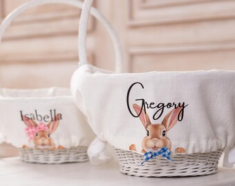 Fodera per cestino a forma di coniglio, personalizza Pasqua, fodera per cestino con monogramma del nome di bambina e bambino, cestino per le uova in lino, cestino con fiocco per bambini a forma di coniglio