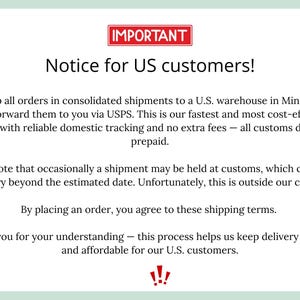 May include: A white background with text that reads "IMPORTANT Notice for US customers!". The text explains shipping procedures, including consolidated shipments to a U.S. warehouse and USPS delivery. It also mentions potential customs delays.