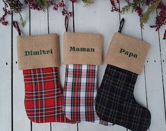 Plaid christmas stocking, family christmas stockings, tartan christmas stockings, burlap cuff stockings