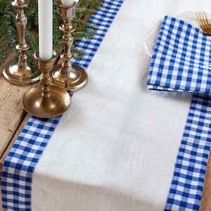 Chinoiserie table runner, linen runner with blue gingham trim