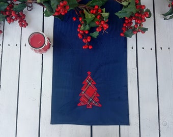 Velvet table runner, navy table runner with christmas tree applique