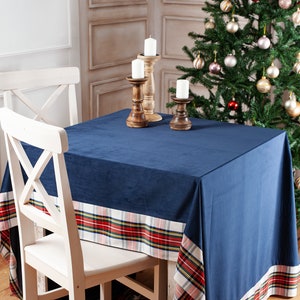 Navy velvet tablecloth with White Stewart trim image 4