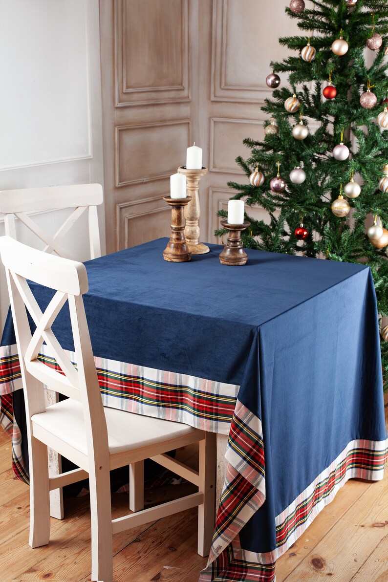 Navy velvet tablecloth with White Stewart trim image 4